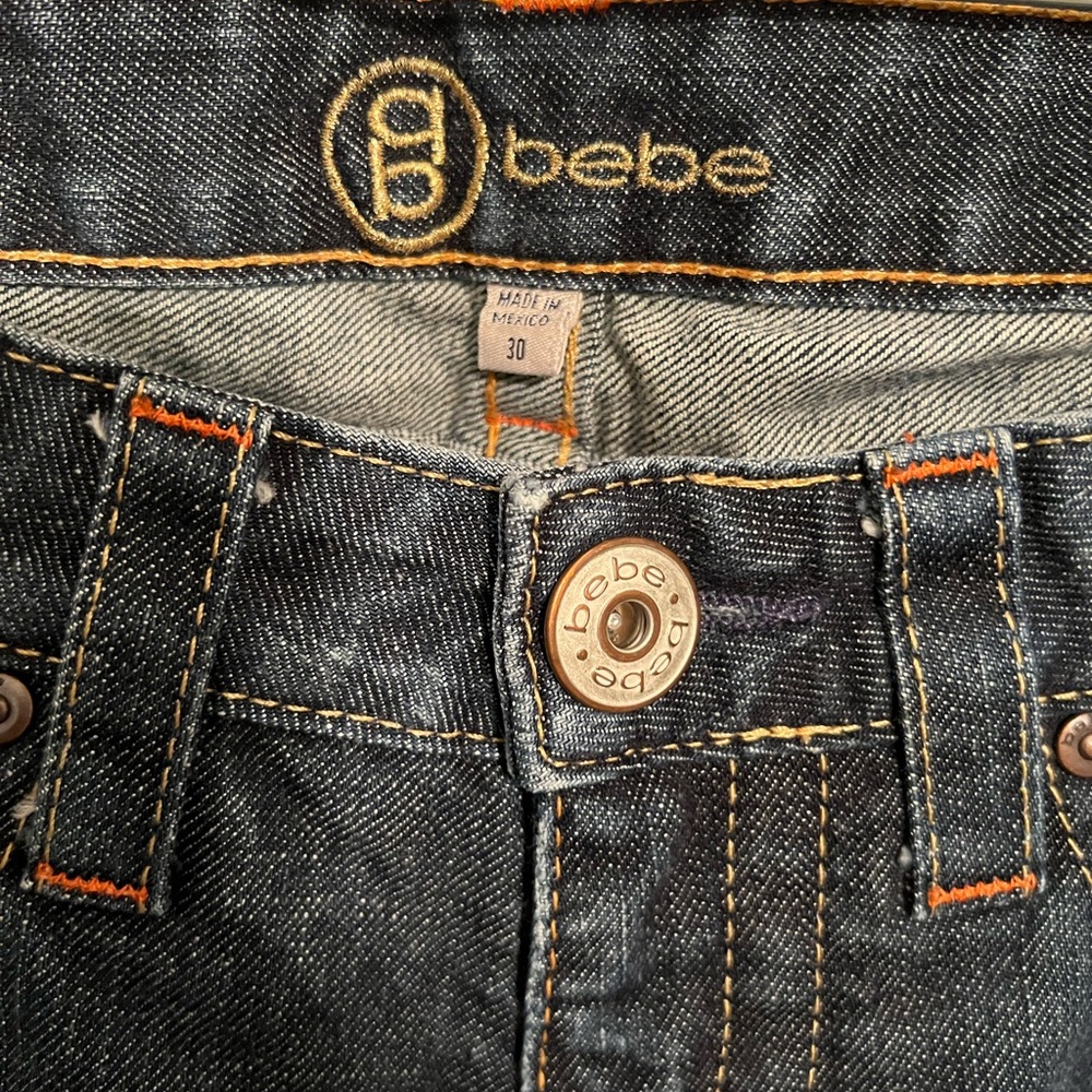 BEBE Classic Blue Bootcut/Flare Rhinestone Logo Pockets Denim Jeans - Picture 2 of 7